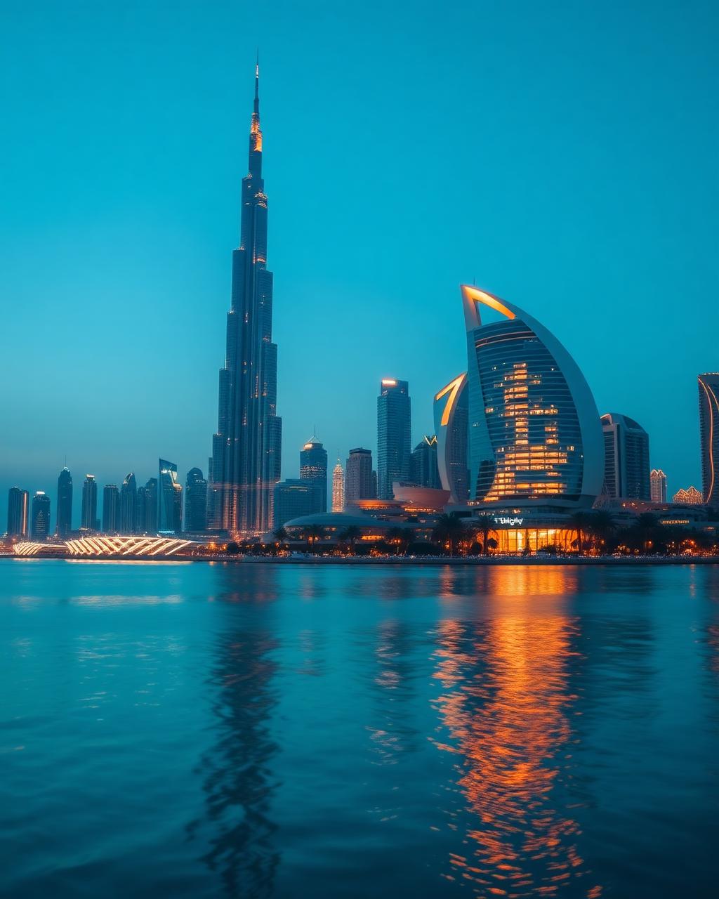 Dubai skyline with the Burj Khalifa reflected at blue hour