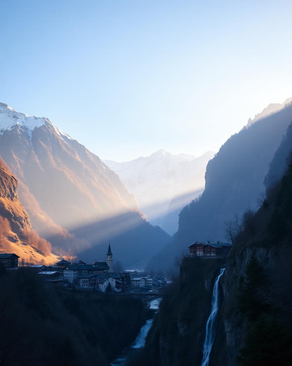 Alpine village with waterfalls in a Swiss valley at dawn