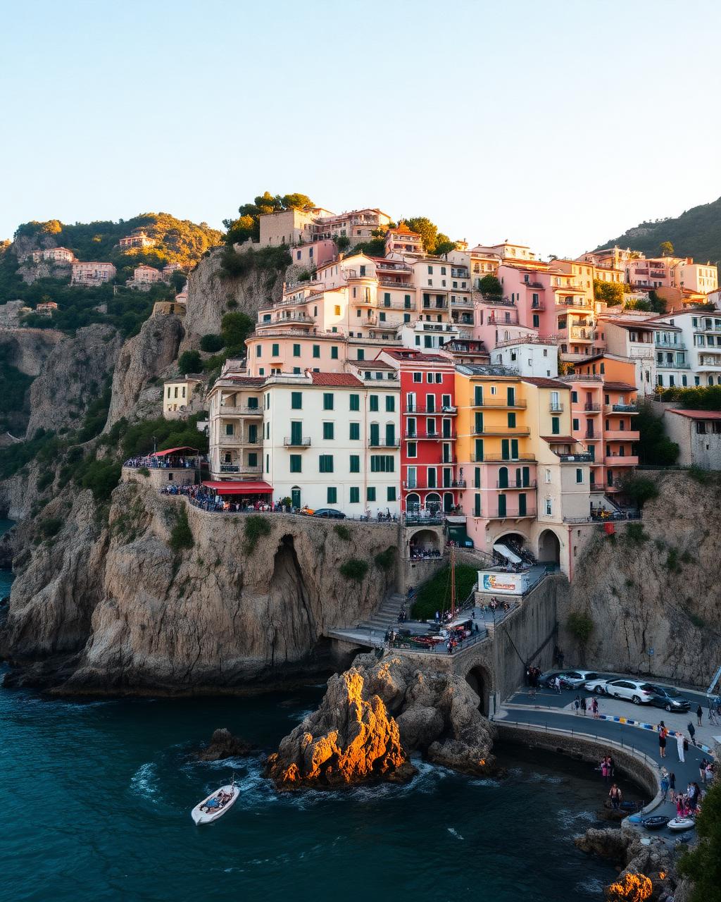 Pastel Amalfi coast houses rising above the Mediterranean sea