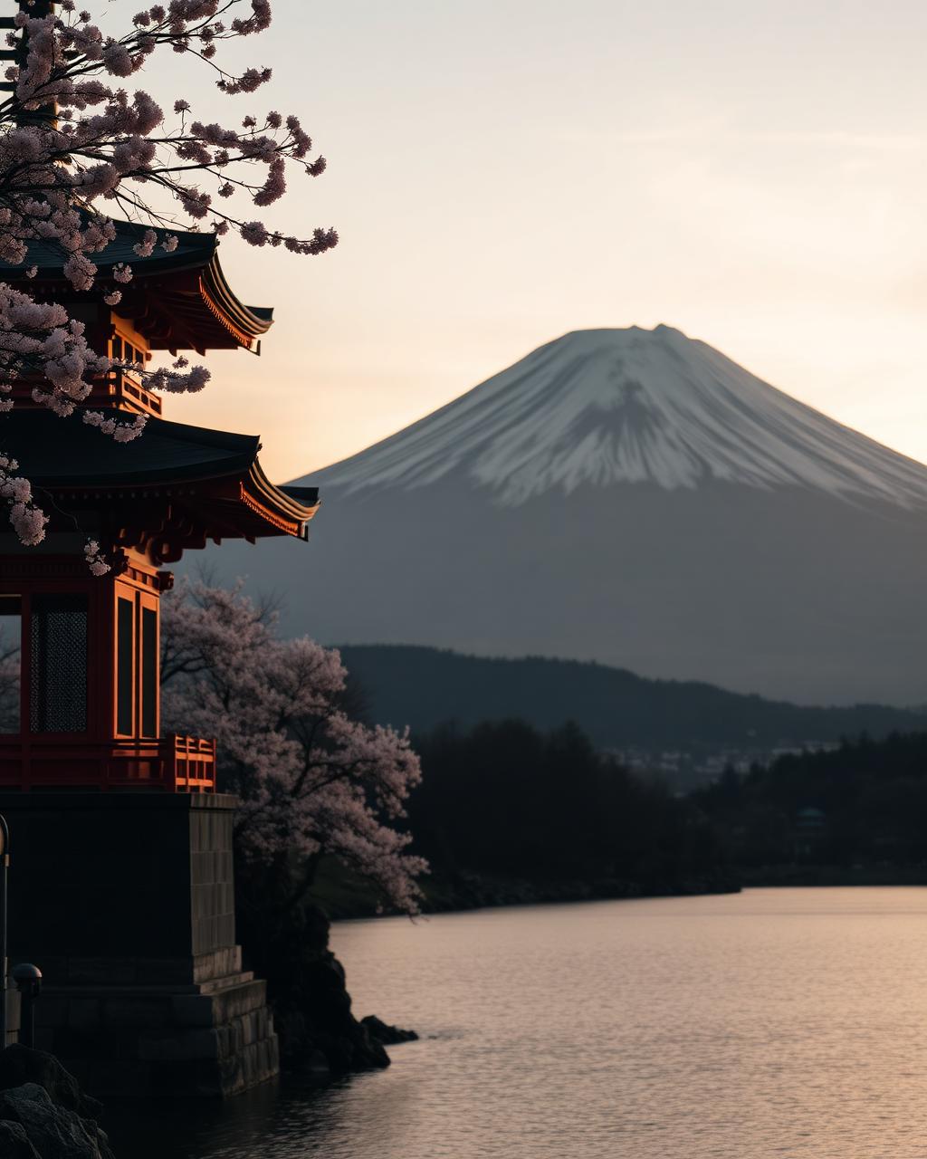 Mount Fuji at dawn framed by a red pagoda and cherry blossoms