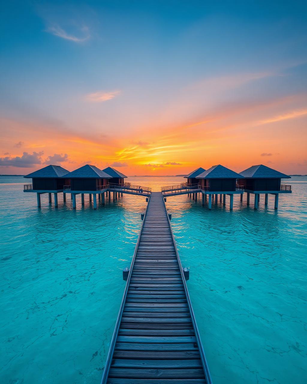 Overwater villas at sunset on a Maldives turquoise lagoon