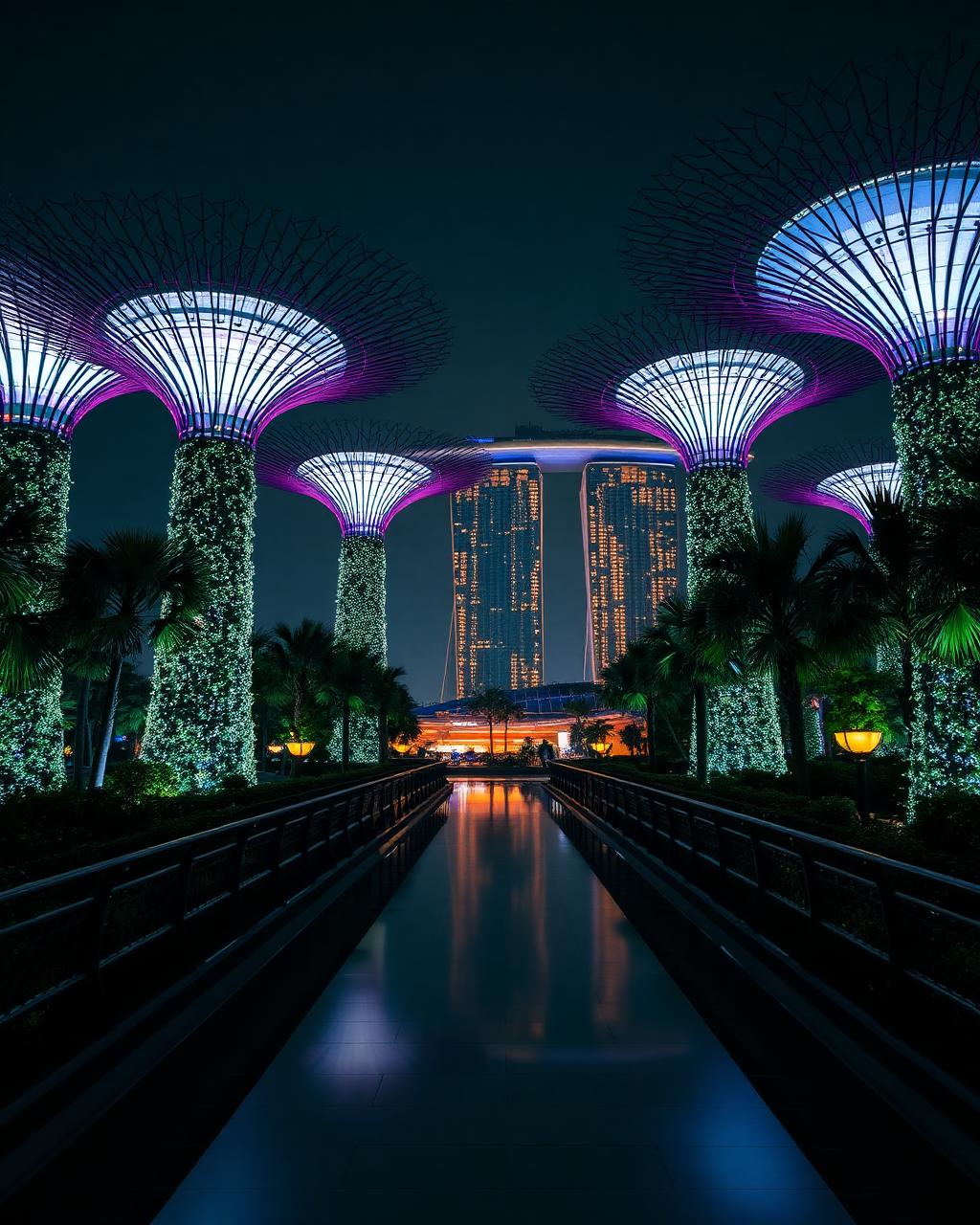 Gardens by the Bay supertrees illuminated at night in Singapore