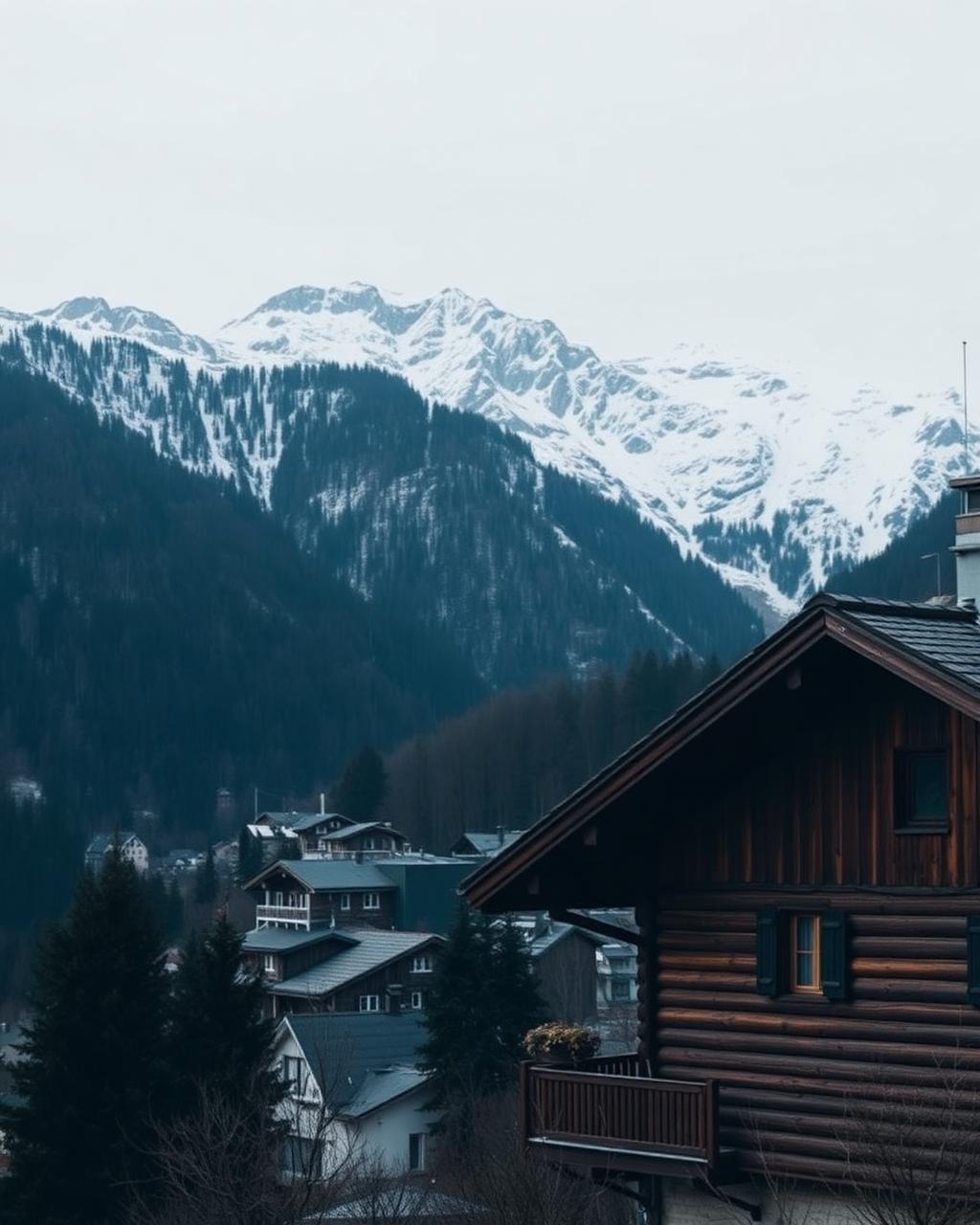 Snow-capped Swiss Alps rising above a traditional wooden chalet village