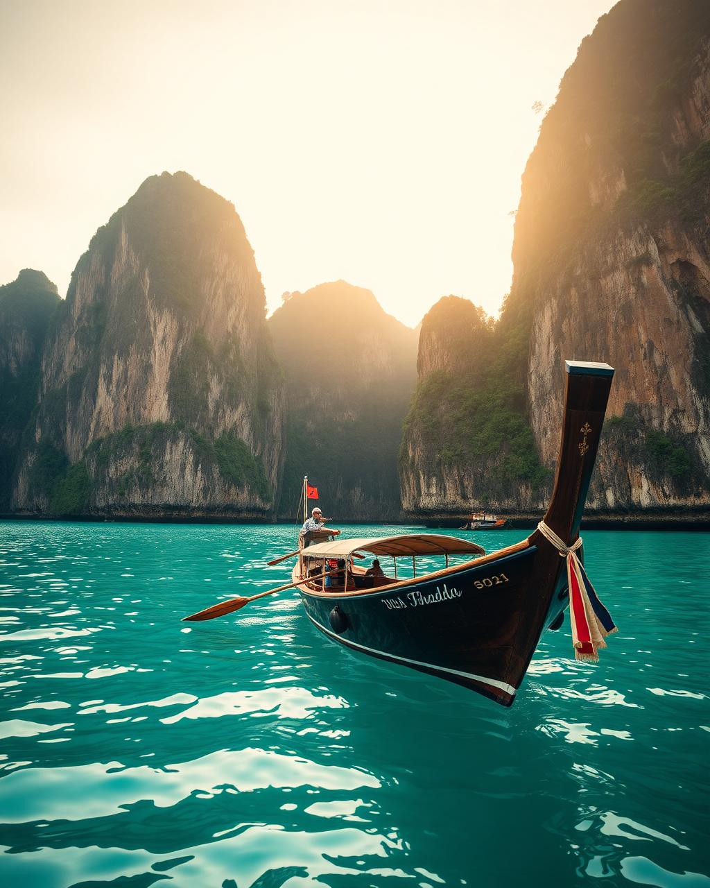 A longtail boat on turquoise water below the Phi Phi cliffs