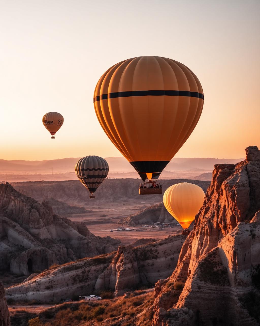 Hot air balloons drifting over Cappadocia rock formations at sunrise