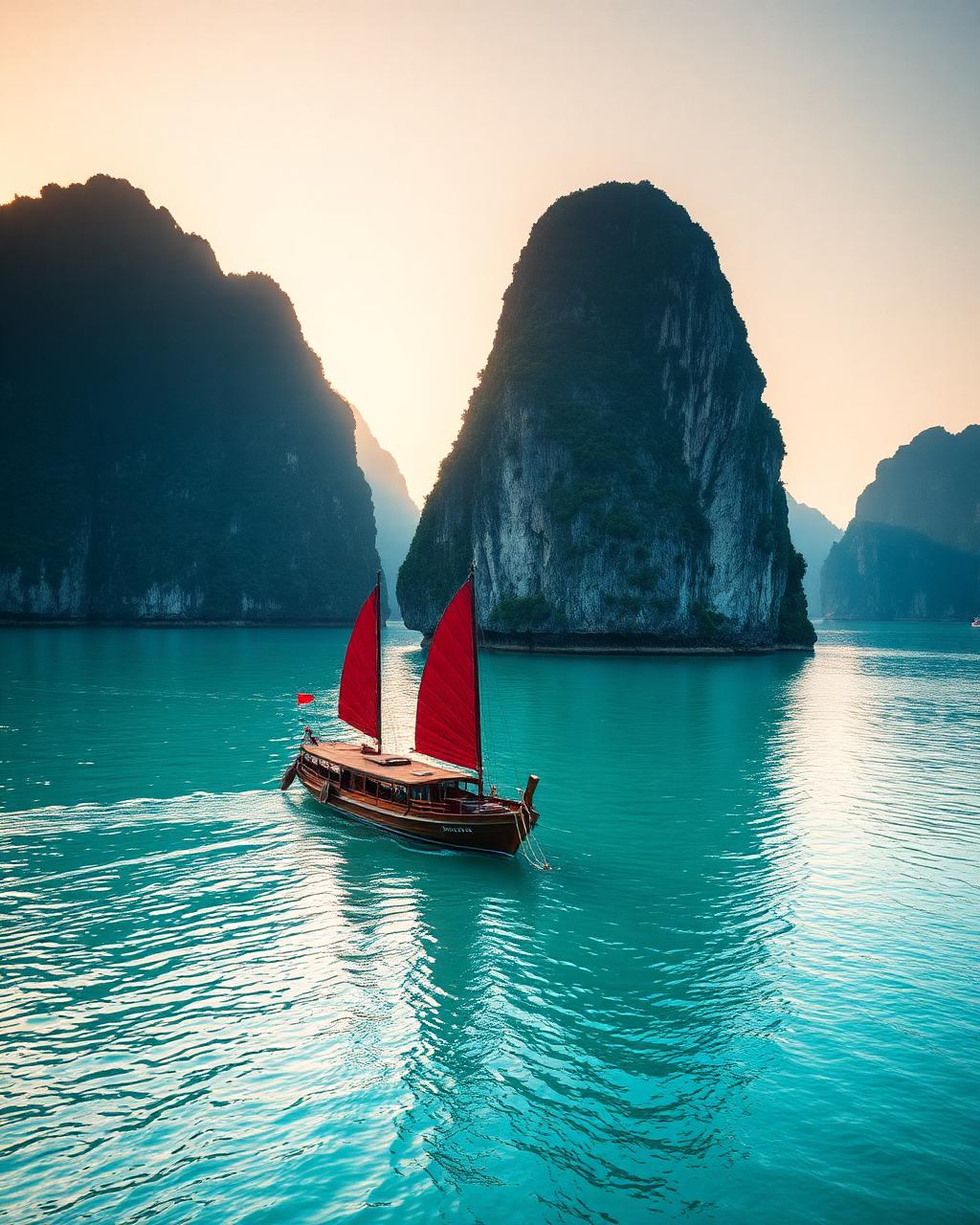 A red-sail junk boat drifting through Ha Long Bay at sunrise